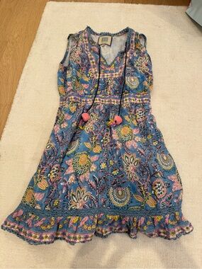 Blue Floral Sleeveless Boho Dress with Pom Tassels